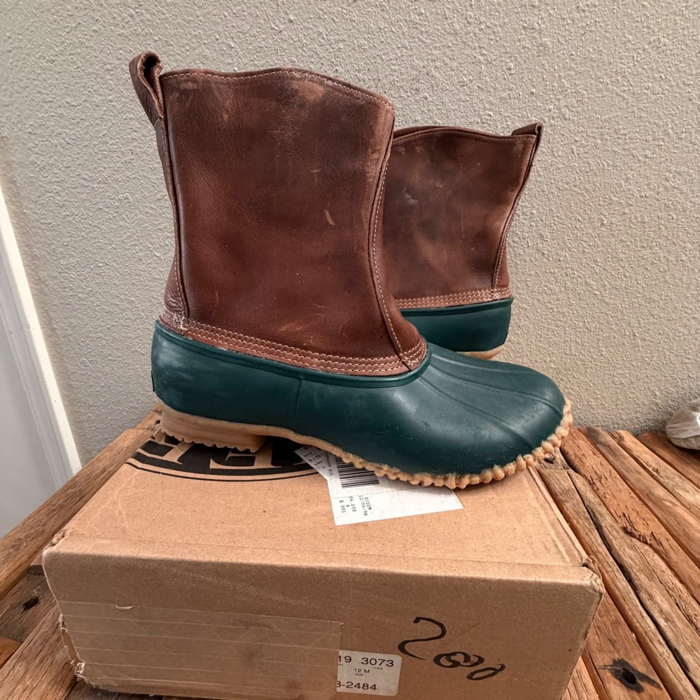 Eddie Bauer Duck Boots Size 12 Brown Green Leather Rubber Rain Snow Pull On
